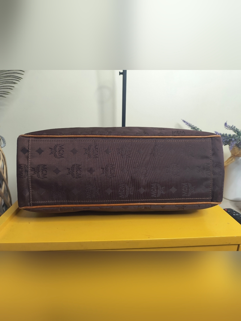 MCM Brown Logo Canvas Shoulder Tote with Gold Chain Handles - Picture 15 of 15